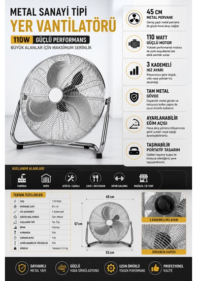 45 Cm Metal Sanayi Tipi Yer Vantilatörü 110w 3 Kademeli Güçlü Endüstriyel Fan Tam Metal Gövde