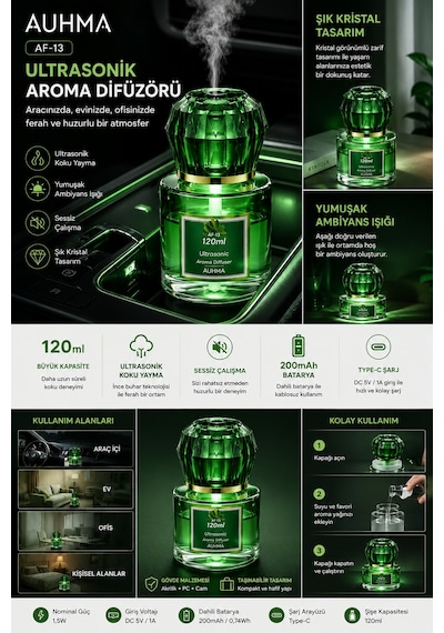 Auhma Af-13 120ml Şarjlı Ultrasonik Araç Koku Difüzörü Yeşil Ambiyans Işıklı Forest Esans Aroma Yayıcı