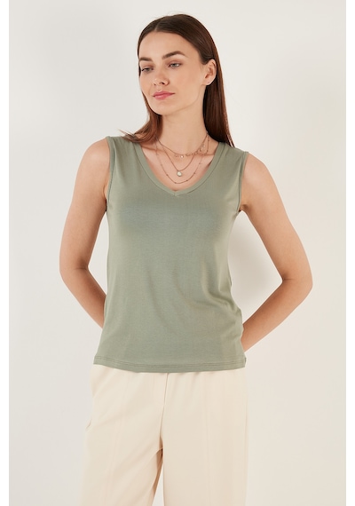 Lela Slim Fit V Yaka Kalın Askılı 2' Li Paket Bayan Bluz 5864384S2 Taş-Olive