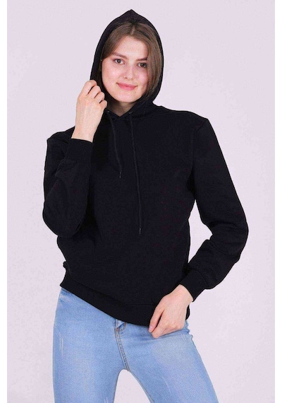 Siyah Basic Oversize Kadın Kapüşonlu Hoodie 3 Iplik Sweatshirt