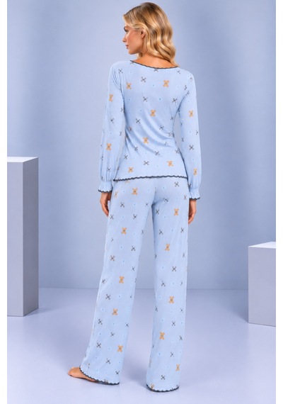 Pijamask Kadın Desenli Dantel Detaylı Fiyonk Ve Düğmeli Uzun Kollu Pijama Takımı Mavi-21
