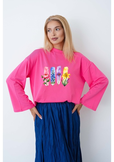 Herkesemoda Renkli Çiçekler Baskılı Tesettüre Uygun Oversize Body Pembe