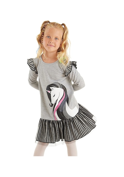 Denokids Zarif Unicorn Gri Kız Çocuk Elbise Gri