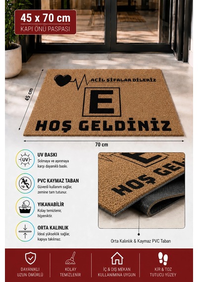 Valerine Life Eczane Logolu Acil Şifalar Dileriz Coco Görünüm İşyeri Koko Kapı Önü Paspası 45x70cm Kahverengi
