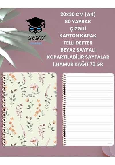 20x30 Cm A4 80 Yaprak Çizgili Karton Kapak Telli Defter Beyaz Sayfalı Kopartılabilir Sayfalar Beyaz