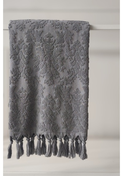 %100 Pamuk Jakarlı Banyo Havlusu - Kabartma Damask Desenli - 90x150 Cm - Antrasit Antrasıt Antrasit