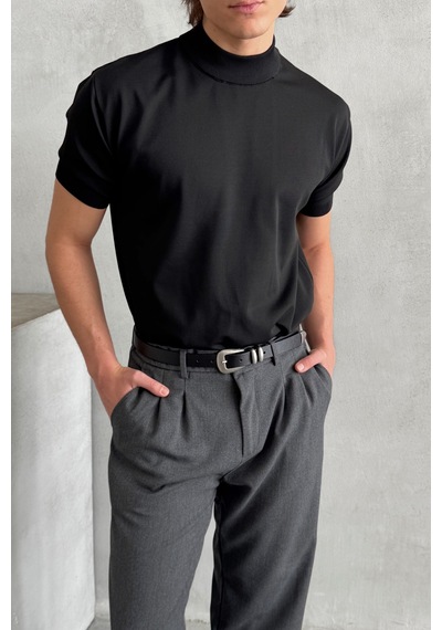 Erkek Oversize Yarım Balıkçı Triko T-shirt Siyah