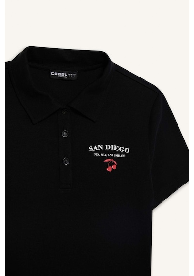 DeFacto Coool Fitted Polo Yaka Baskılı Ribana Kısa Kollu Siyah Tişört D1095AX25SMBK81