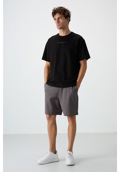 Air Jones Tommy Life Siyah Pamuklu Kalın Yüzeyi Dokulu Oversize Fit Baskılı Erkek T-shirt - 88364 Siyah