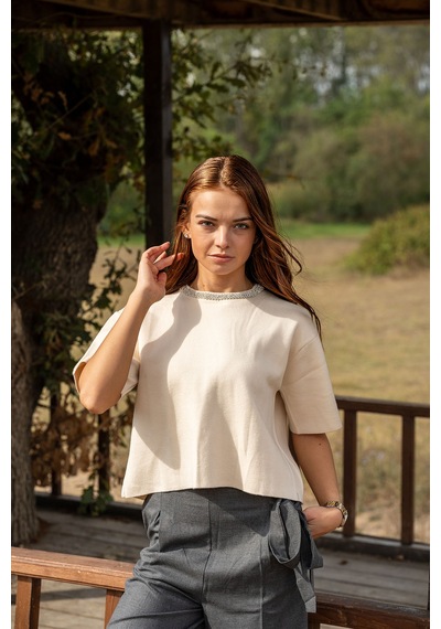 Verdeblanco Taşlı Yaka Basic Bluz Krem Krem