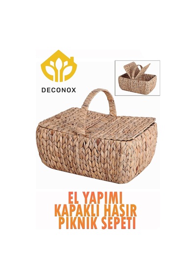 El Yapımı Su Sümbülü Kapaklı Büyük Boy Hasır Örme Piknik Sepeti Dikdörtgen - 46x30cm - 20-36cm