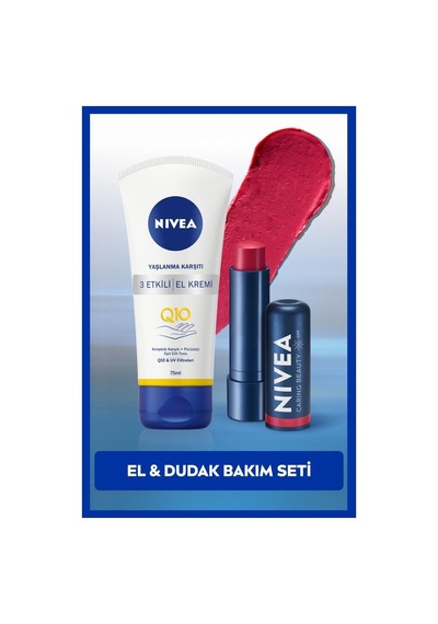 NIVEA Kırmızı Renkli Nemlendirici Dudak Bakım Kremi + Q10 El Kremi 75 ML