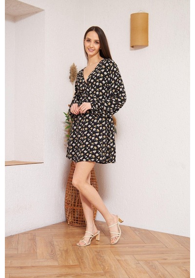 Darlin Moda Siyah Çiçek Desenli Elbise Dm1025
