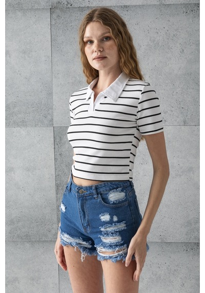 Giysa Kadın Polo Yaka Çizgili Pamuklu T-shirt Beyaz Siyah - 25795 Beyaz - Siyah