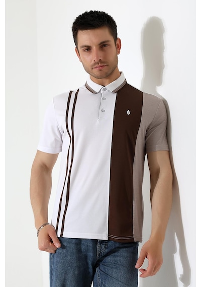 Rıbana Classıc Erkek Çizgili Şerit Detaylı Pamuklu Polo Yaka T-shirt Beyaz