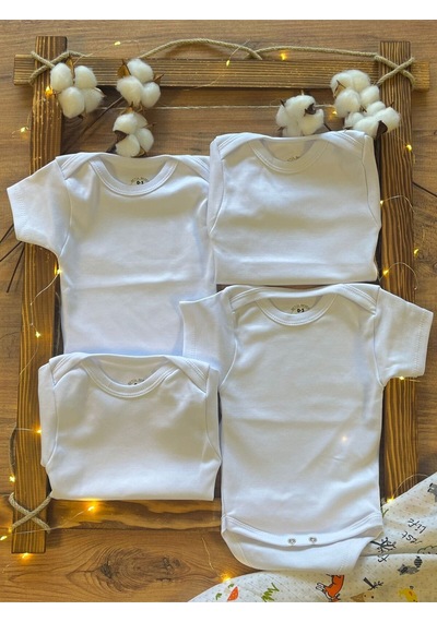 Betül Bebek Kısa Kollu 4'lü Organik Pamuk Çıtçıtlı Bebek Body & Zıbın 4adet Beyaz