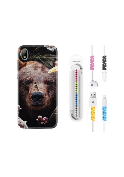Huawei Y5 2019 Kılıf Kablo Koruyuculu Flowers Bear 1337