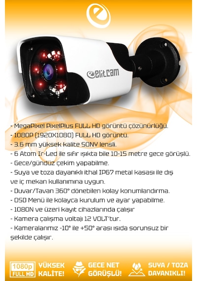 Elitcam 6 Kameralı Panda 2 İç Kamera Set 2 TB HDD Full HD Gece Görüşlü Güvenlik Kamerası Sistemi