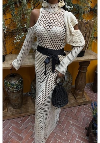Moderie Butik Saten Kuşaklı Ajurlu Triko Elbise 2847 Ekru