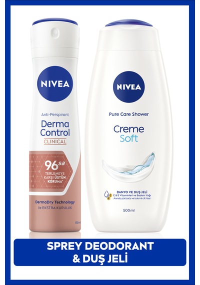 NiveaCreme Soft Duş Jeli 500m ML + Kadın Sprey Deodorant Derma Control Clinical 50 ML 96Saat Ter Koruması