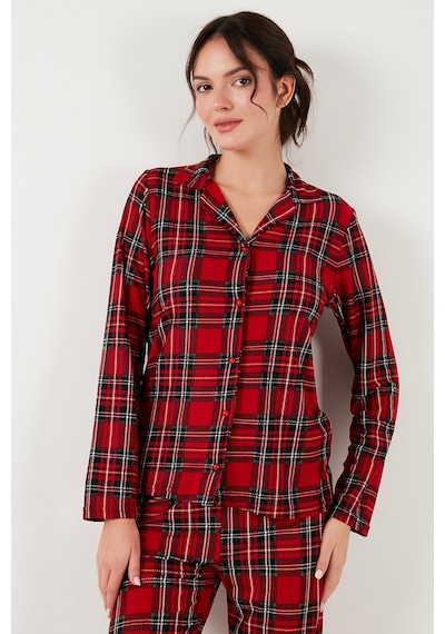 Lela Streç Regular Fit Apaş Yaka Beli Lastikli Bayan Pijama Takımı 65720501 Kırmızı-Yeşil