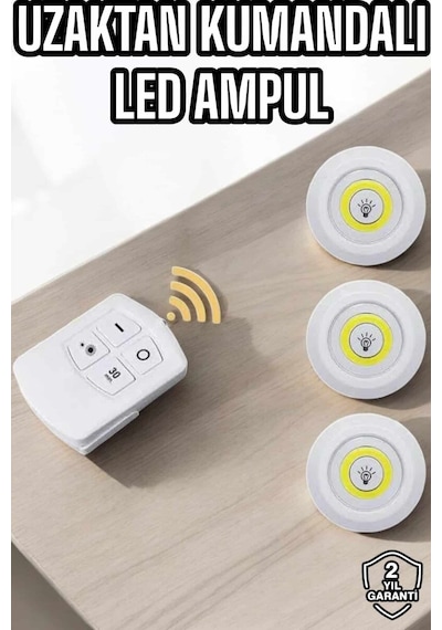 Led Lamba 3'lü Uzaktan Kumandalı Yapışkanlı Beyaz Işık Renkli 19891169