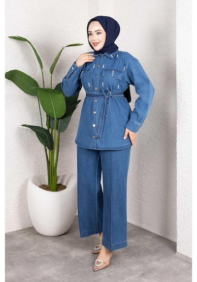 Misskayle Taş Detaylı Kuşaklı Denim Tesettür Takım Açık Mavi Açık