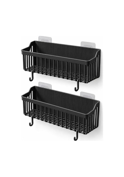 Orret Home 2'li Yapışkanlı Banyo Duş Rafı Organizer, Askılı Plastik Raf Sepet, Delme Gerektirmeyen Duvara Monte, Hava Alan Su Tahliyeli Taban, 26x9x10 Cm, Siyah Açık Ceviz