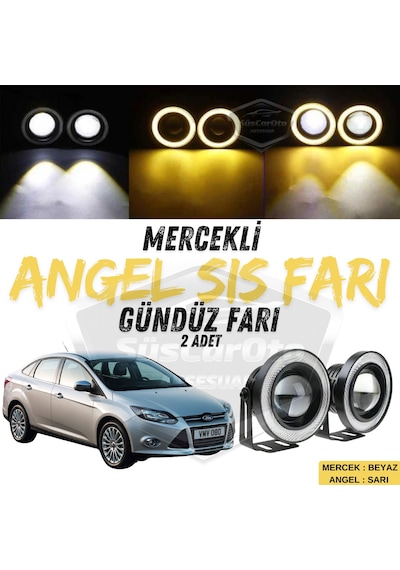 Ford Focus 3 2011-2014 Uyumlu Mercekli Angel Sis Farı Metal 76 Mm Sarı Halkalı Gündüz Farı Angel Eyes 2 Adet 01