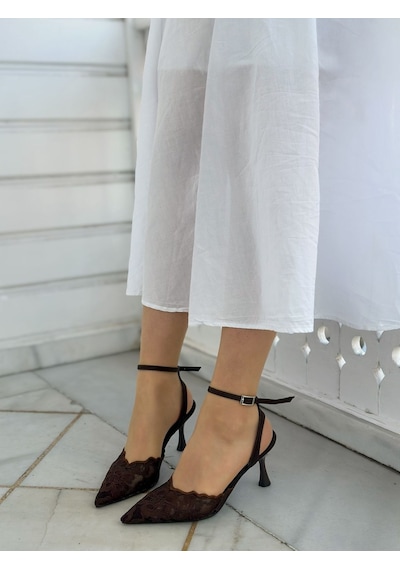 Ervanın Butiği Kahve Dantel Vusuel Nakışlı Arka Bant Detaylı Kadın Stiletto-6143