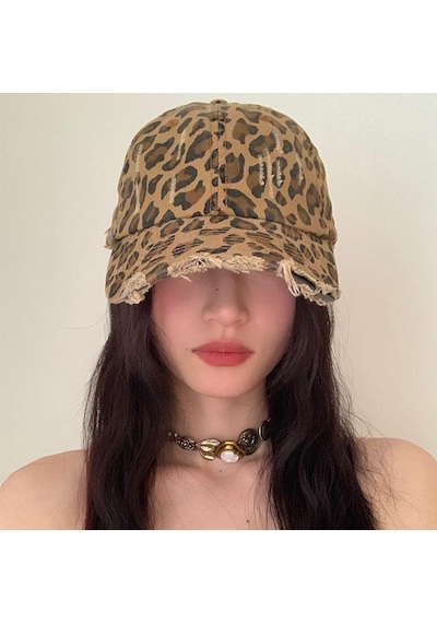 Valkyrie Vintage Leopar Desenli Eskitmeli Kadın Şapka Ayarlanabilir Beyzbol Şapkası Pamuk Baseball Cap Kahverengi