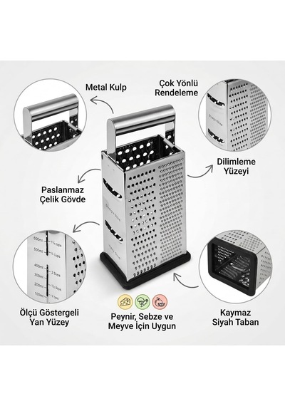 Tr Paslanmaz Çelik Rende, Metal Kulplu 4 Yüzeyli Mutfak Rendesi, Ölçü Göstergeli Ve Silikon Kaydırmaz Tabanlı Se Genel