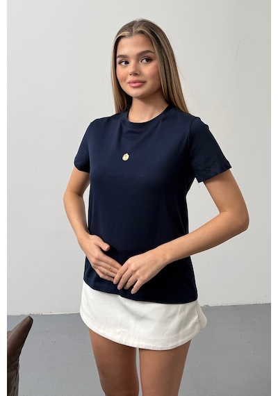 Giysa Kadın Lale Aksesuarlı Pamuklu T-shirt Lacivert - 26y 26516