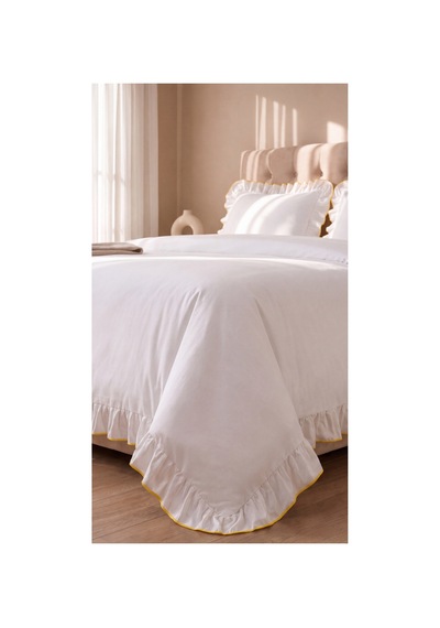 %100 Pamuk Overloklu Fırfırlı Çift Kişilik Nevresim Takımı Lastikli Çarşaflı 200x220 Cm Sarı - 904804703 Sarı