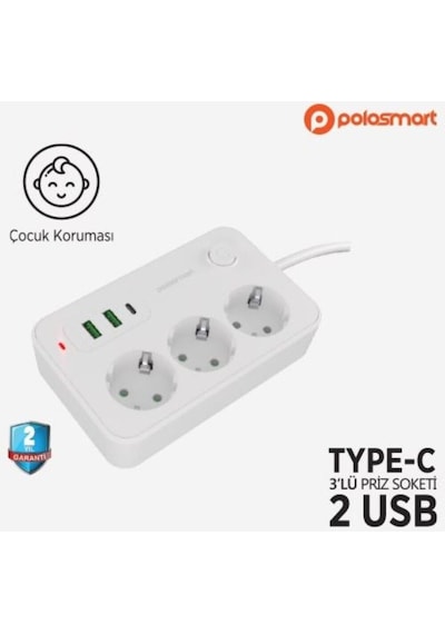 Polosmart Mp15, Akım Korumalı Uzatma Kablosu, 3'lü Priz, 2 Metre Kablo, 2 Usb+1 Type-c 2