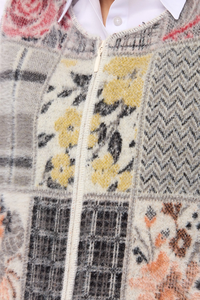 Desen Triko Kadın Sıfır Yaka Patchwork Yelek Kemik Kemik