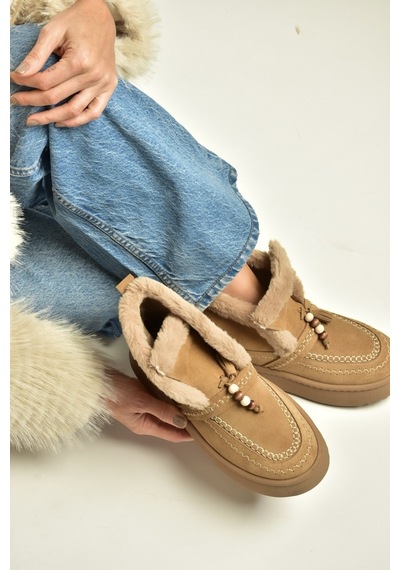 Fox Shoes Z357183561 Vizon Hakiki Deri Süet Kürklü Kadın Bot