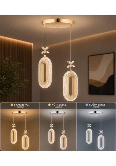 Serra Model 2'li Avizeb 3 Renk Modu Ledli Modern Salon Mutfak Oturma Odası Led Avize Gold