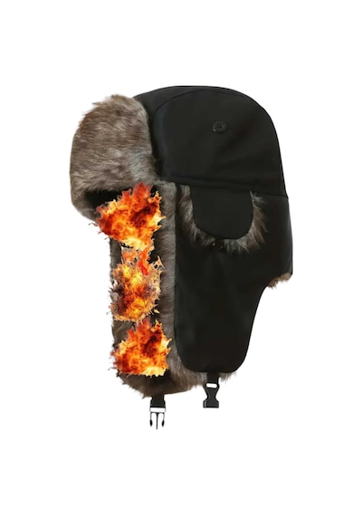 Unisex Termal Peluş Kürklü Pilot Şapka Siyah