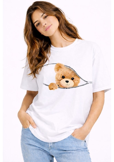 Fermuarlı Ayıcık Baskılı Kadın Tişört Oversize Sevimli Teddy Bear Beyaz