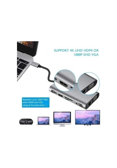 Uyumlu Type-c Usb-c To 4 Usb 3.0 4k 1080p Hd Hdmı Vga Pd Aux Ses Sd Tf Kart 11ın1 Çevirici Hub