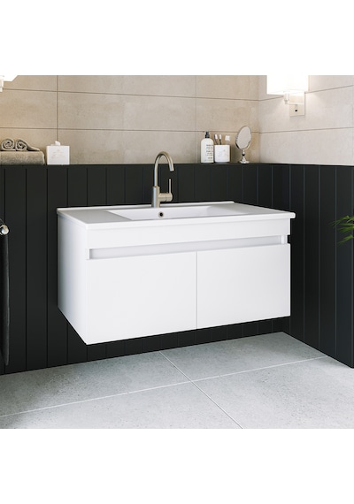 Banos Ld3 Ayaksız 2 Kapaklı Lavabolu Beyaz 100 Cm Banyo Dolabı Beyaz