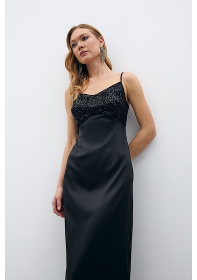 Sateen Payet Detaylı Saten Elbise - Siyah-135686 Siyah