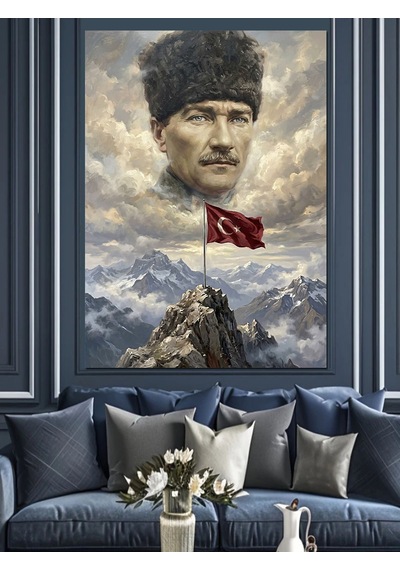 Dağ Zirvesinde Atatürk Ve Bayrak Dekoratif Kanvas - Mdf Ahşap Tablo