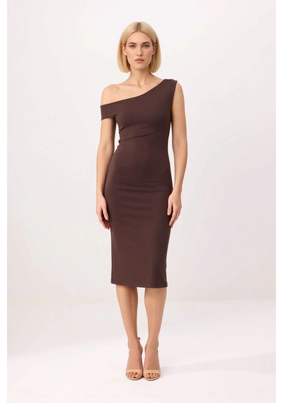 Benerly Kadın Asimetrik Yaka Düşük Kol Bodycon Midi Elbise Silky İnterlok Kahverengi