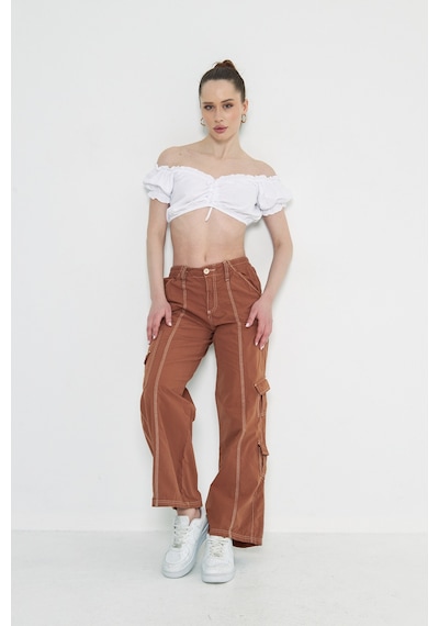 Kutaf Camel Kargo Cepli Dikiş Detaylı Yüksek Bel Wide Leg Pantolon Kahverengi