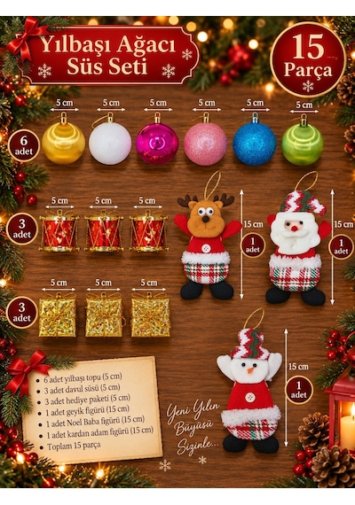 15 Parça Yılbaşı Ağacı Süs Seti Renkli Top Davul Hediye Paketi Noel Baba Kardan Adam Geyik Peluş Diğer