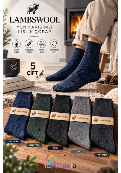 Footmania Erkek Lambswool Kışlık Çorap 5 Çift Çoklu Renk