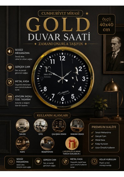 Gold Cumhuriyet Mirası 40 Cm Metal Duvar Saati