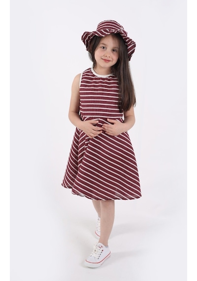 Aden Kids Kız Çocuk Çizgili Yazlık Elbise Ve Şapka Takımı - 2'li Set 4-12 Yaş Bordo